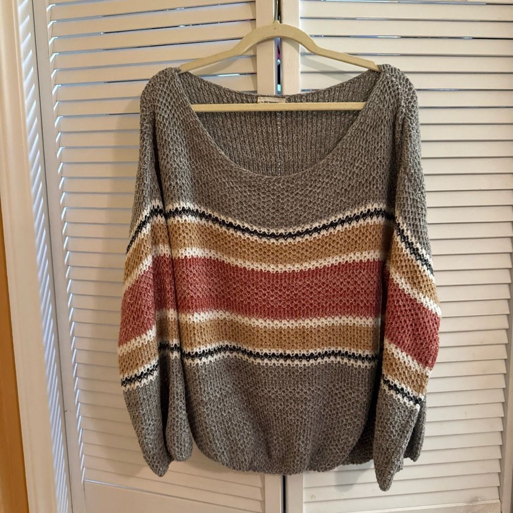 Eesome Gray and Pink Crew Neck Sweater with Stripes